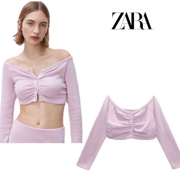 Zara Lilac purple long sleeve off the shoulder cropped sweater top button front - Picture 2 of 14